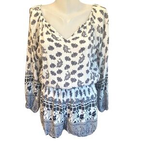 Lilka Apolima romper long sleeve Blue and White Patterned Anthropologie size M